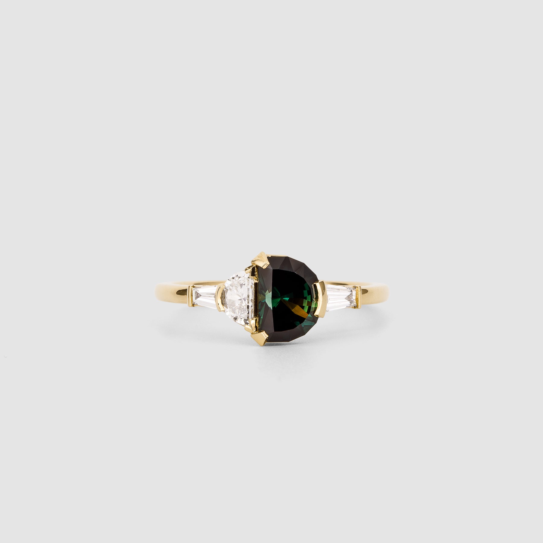 Alma 1.08ct Teal Sapphire Half-Moon Engagement Ring with Baguette Diamonds