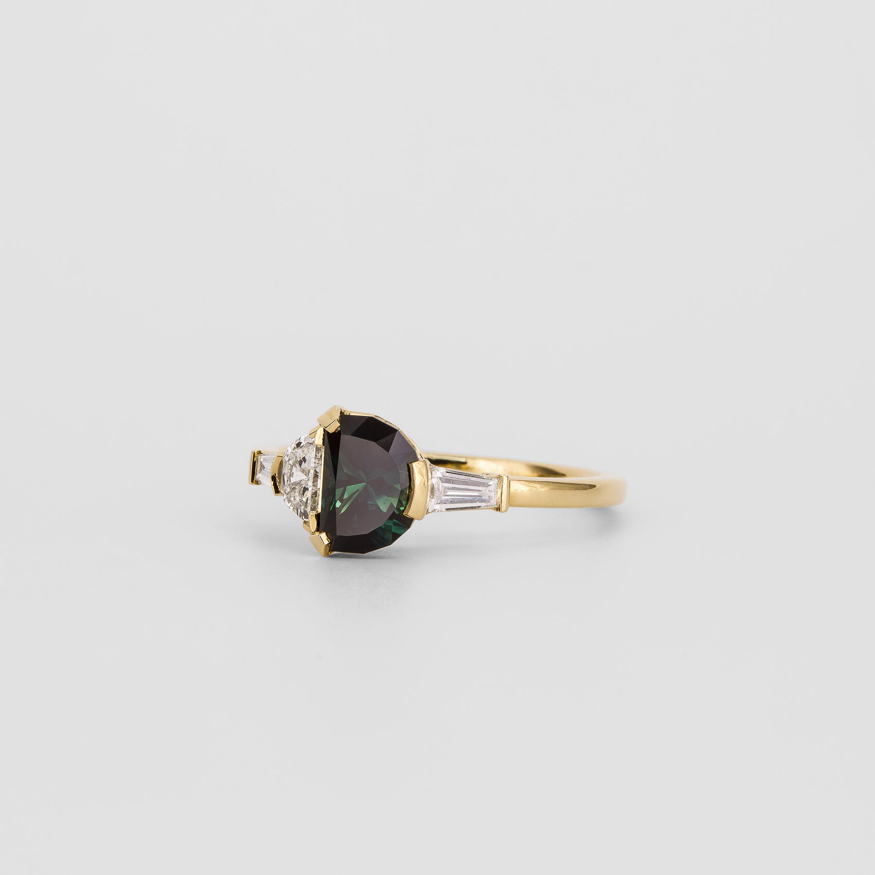 Alma 1.08ct Teal Sapphire Half-Moon Engagement Ring with Baguette Diamonds