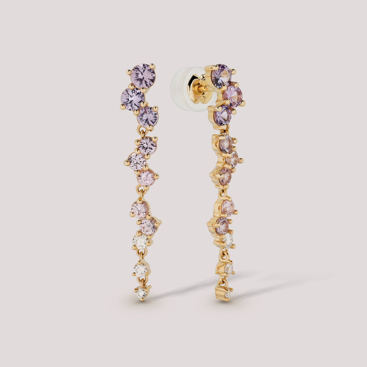 Gradient Sapphire Drop earring, round natural sapphires and round lab-grown diamonds in 14k yellow gold