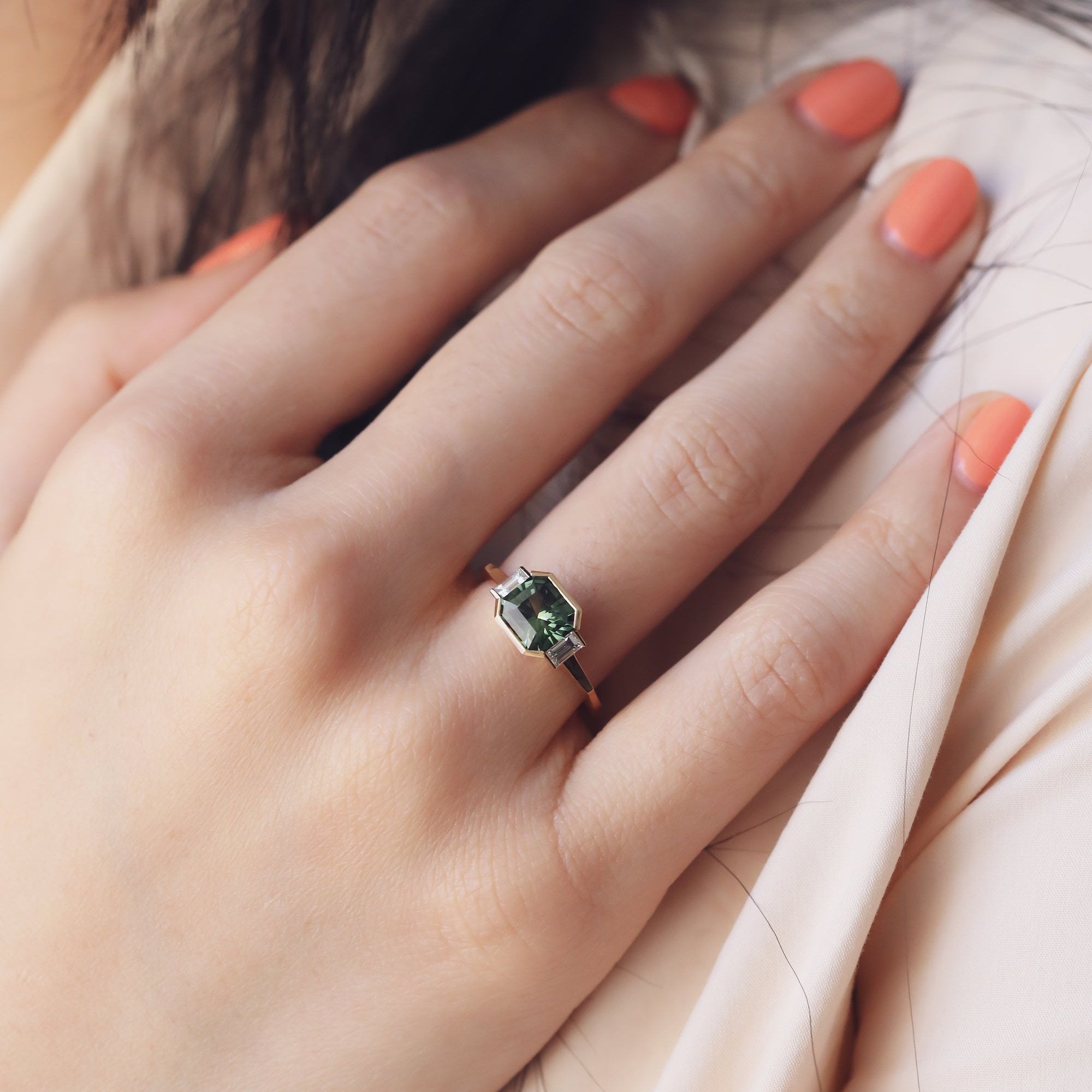 Green emerald cut hot sale engagement rings