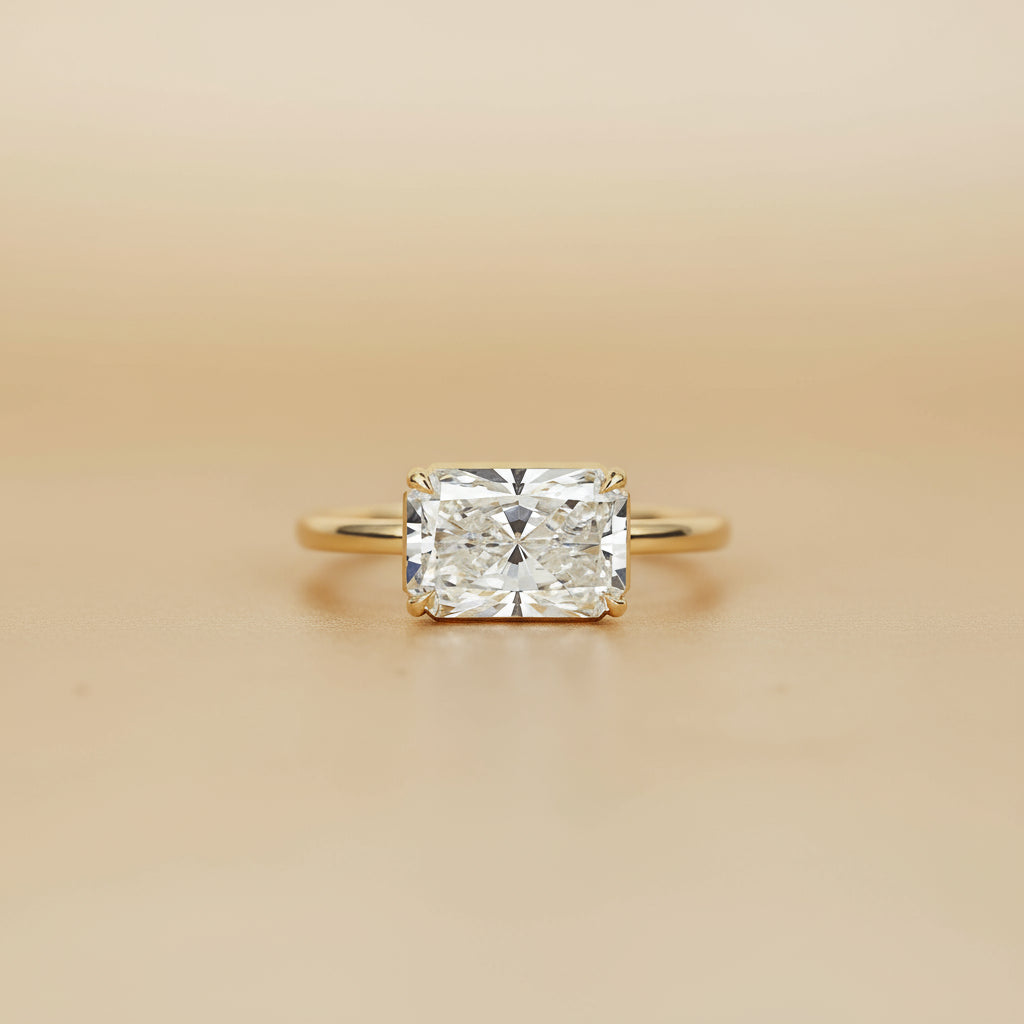 Aaren East-West Radiant Cut 2.38ct Lab Grown Diamond Solitaire Ring in Yellow Gold