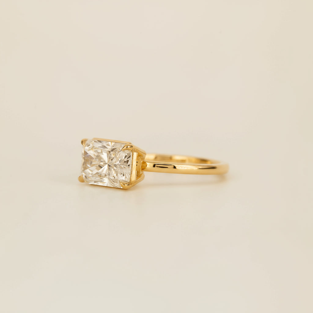 Aaren East-West Radiant Cut 2.38ct Lab Grown Diamond Solitaire Ring in Yellow Gold