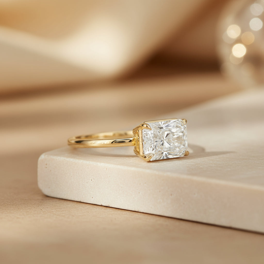 Aaren East-West Radiant Cut 2.38ct Lab Grown Diamond Solitaire Ring in Yellow Gold
