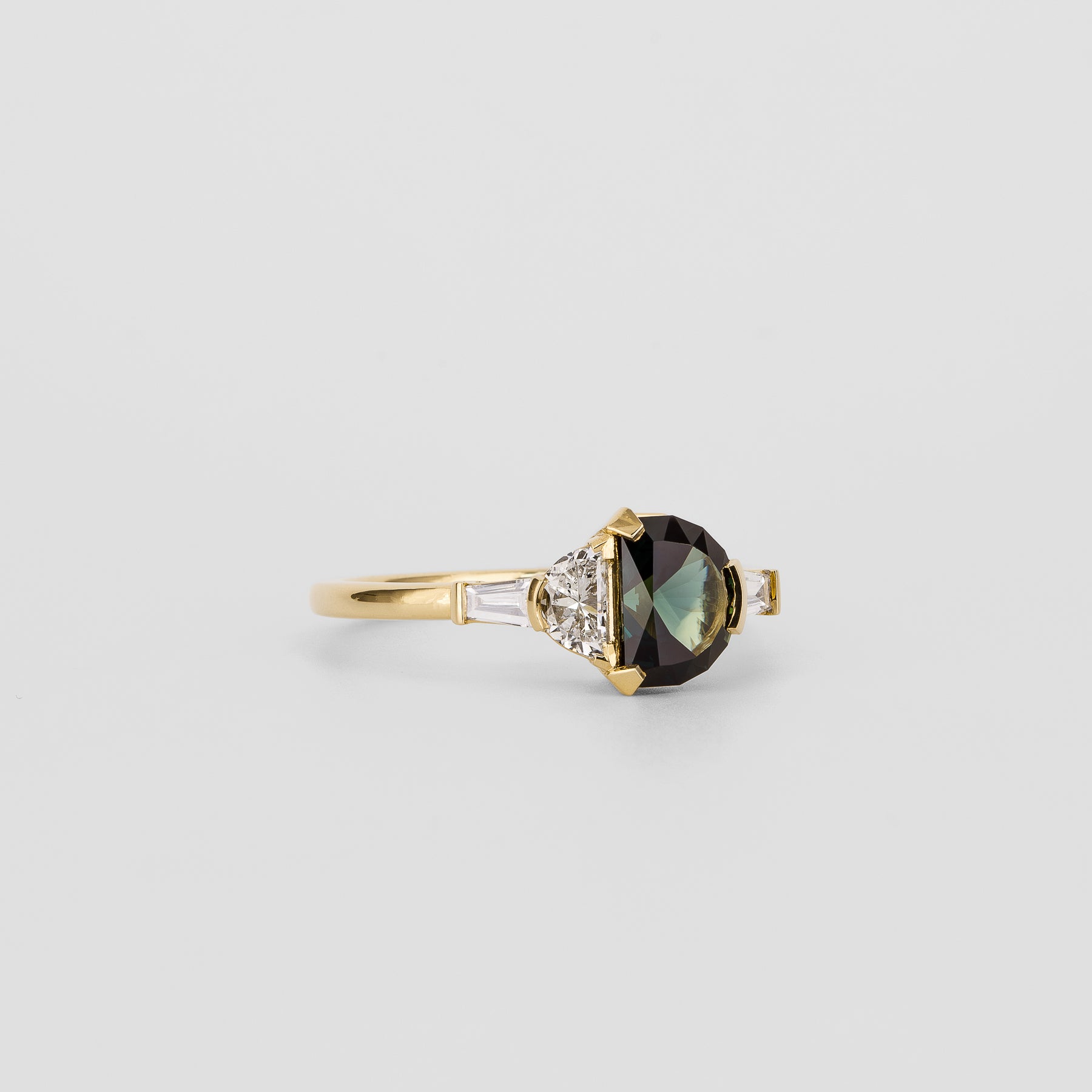 Alma 1.08ct Teal Sapphire Half-Moon Engagement Ring with Baguette Diamonds